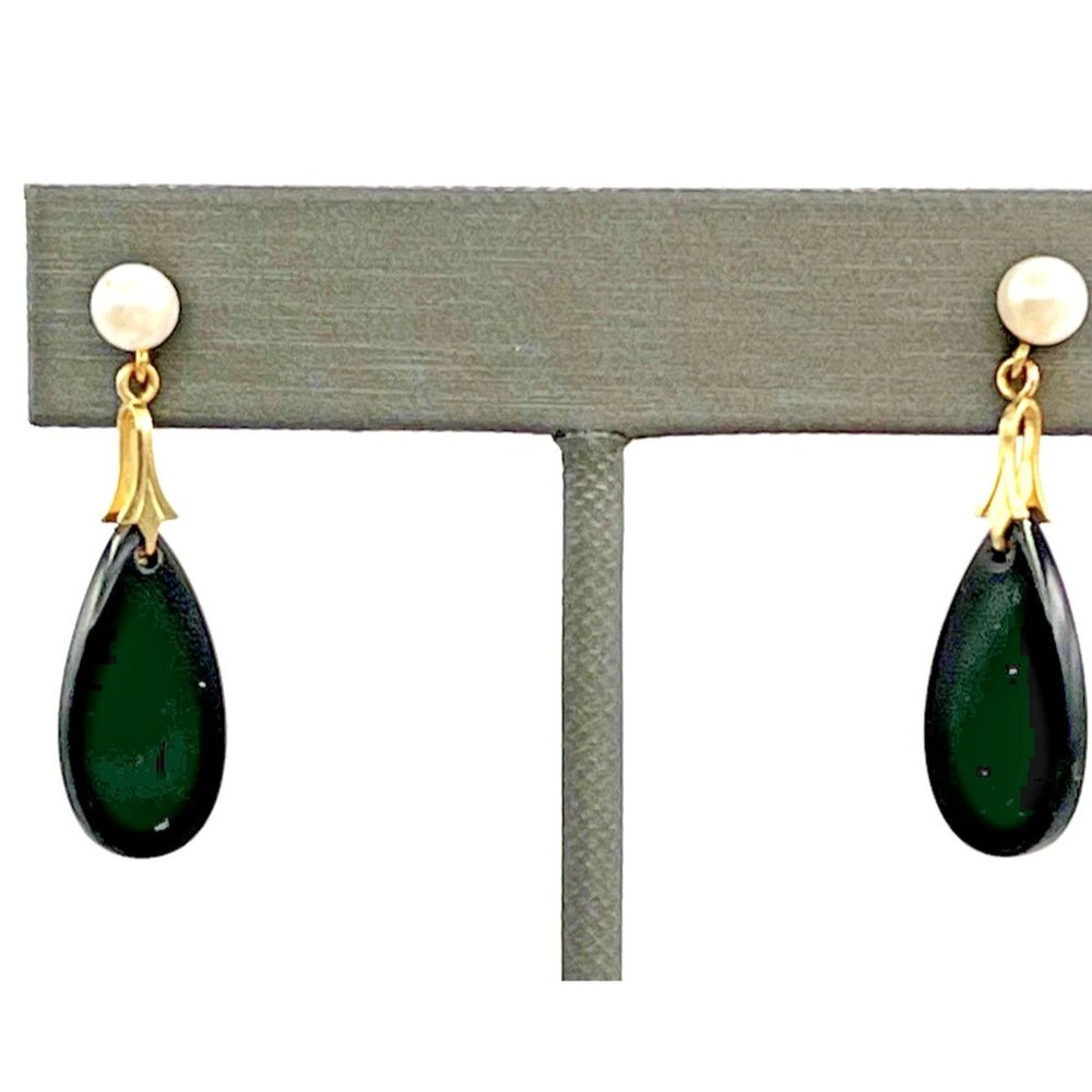 Vintage 14k Yellow Gold Pearl Onyx Dangle Pierced Earrings 1 3/8"